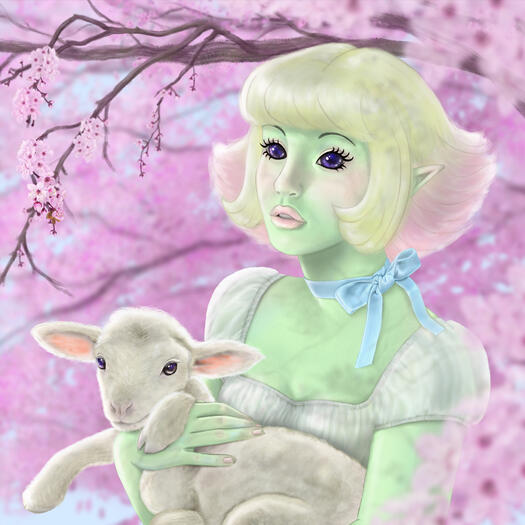A portrait of the artist’s original character, Althea. She’s a young Eladrin elf with green skin and completely black eyes. She has a blonde shaggy Bob haircut that fades to pink. She is wearing a white dress and has a blue bow tied around her neck, and sh