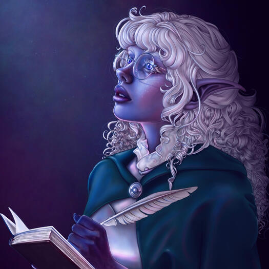 Portrait of the artist’s drow character, Seren. A purple skinned elven woman with glasses and lots of silver curly hair. She’s wearing mithril armour and a teal cloak, pinned with a holy symbol of Sehanine Moonbow. She is writing in a book and staring up i