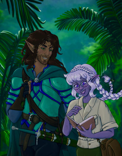 Digital art of the artist’s characters Seren and Daimon. They are walking together in a jungle. Daimon smiles at her lovingly while Seren excitedly shows him something in a book, seemingly oblivious to the way he looks at her. The way her hair is bouncing