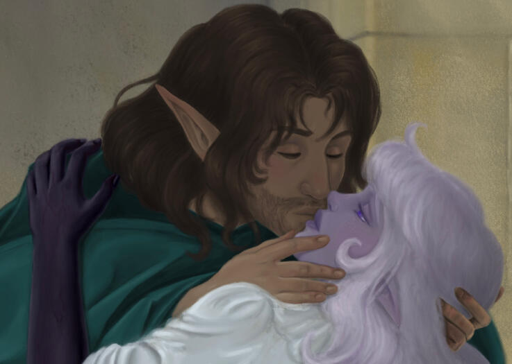 Digital reimagining of the classic painting “il Bacio” by Francesco Hayez. It features Sunflowercleric’s characters Seren and Daimon kissing in a sandstone stairwell. Daimon kisses Seren tenderly, while Seren’s expression shows a mixture of longing, sadnes