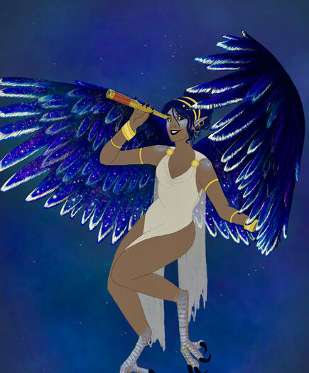 Art of the artist’s original character, Lyra. She’s an olive-skinned harpy/siren, wearing tattered ancient-Grecian styled dress and golden jewellery. She has dark blue hair that is tied up loosely in an ancient-Grecian style, yellow eyes with black scleras