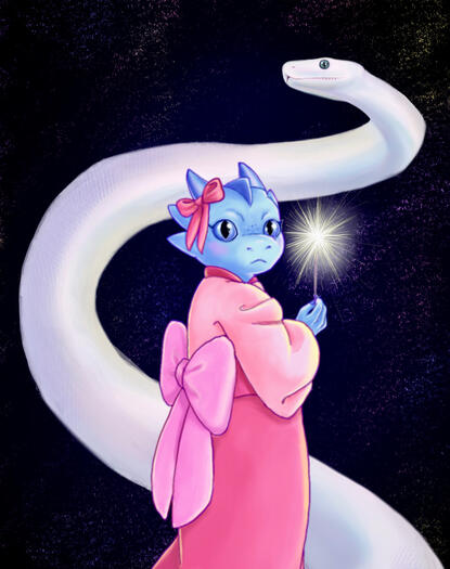 Art of the artist’s original character, Liz and her pet snake,Yuna. Liz is a young blue anthropomorphic lizardfolk who looks vaguely draconic. She is wearing a pink kimono and holding a sparkler. Yuna is a very large white python and is wrapped protectivel